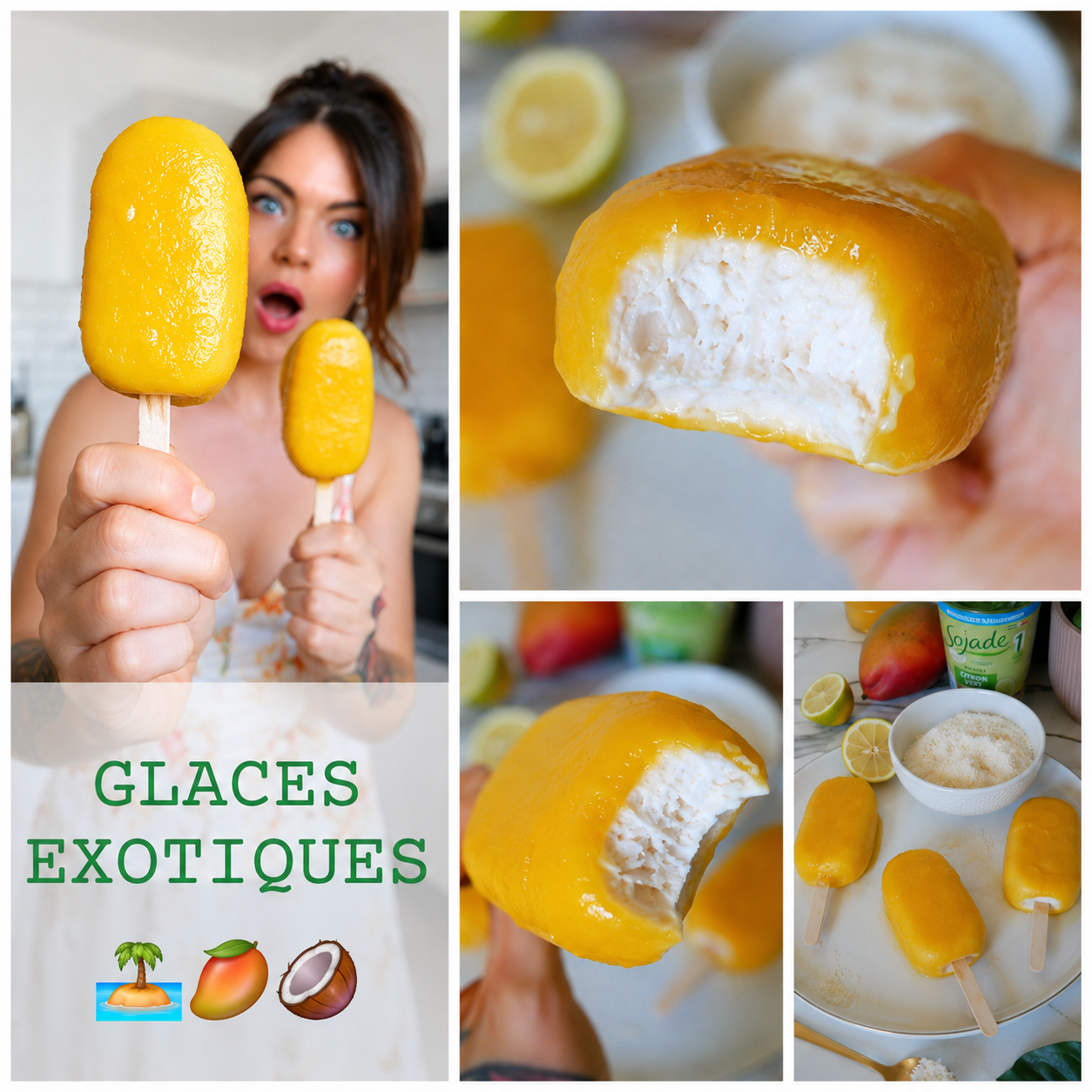 Glace exotique maison : crème glacée coco citron vert et enrobage mangue 100 % fruit (sans lactose)