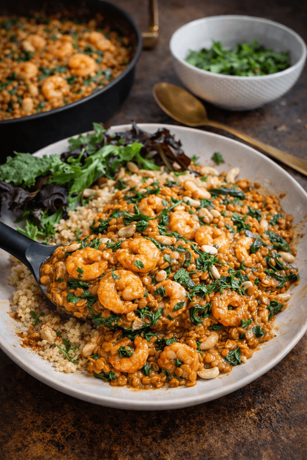 dahl aux crevettes, lait de coco, lentilles, épinards et noix de cajou